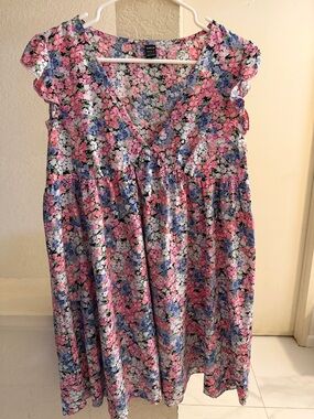 SHEIN Pink, Blue & White Floral V-Neck Babydoll Dress